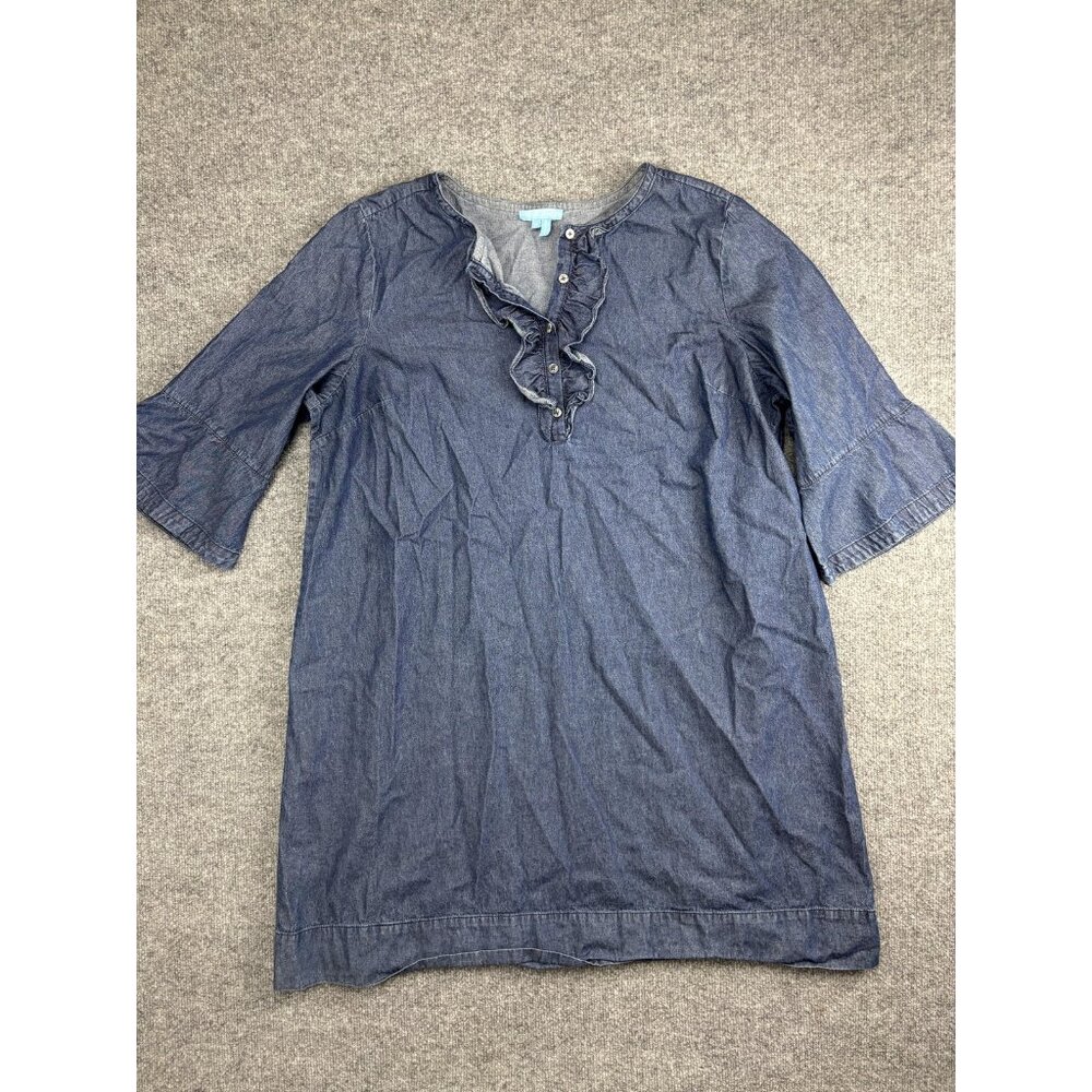 Draper James Dress Womens 18 Blue Denim Cotton Ruffle Tunic Shift Bell Sleeve
